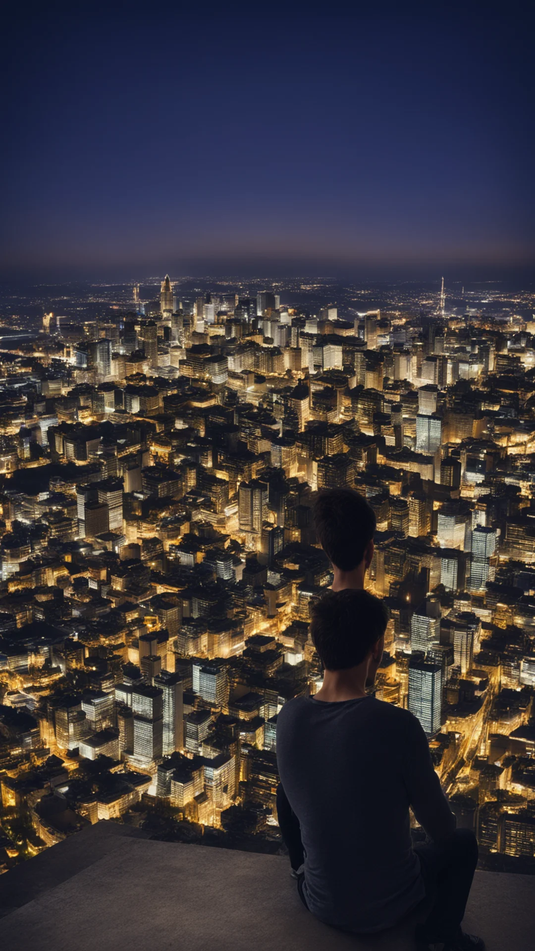 young man sitting on terace and looking on city at night tall