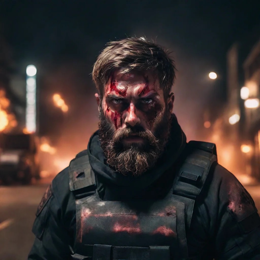young scary angry swedih space soldier bearded covered in blood staring at viewer frontal view city on fire in background nighttime