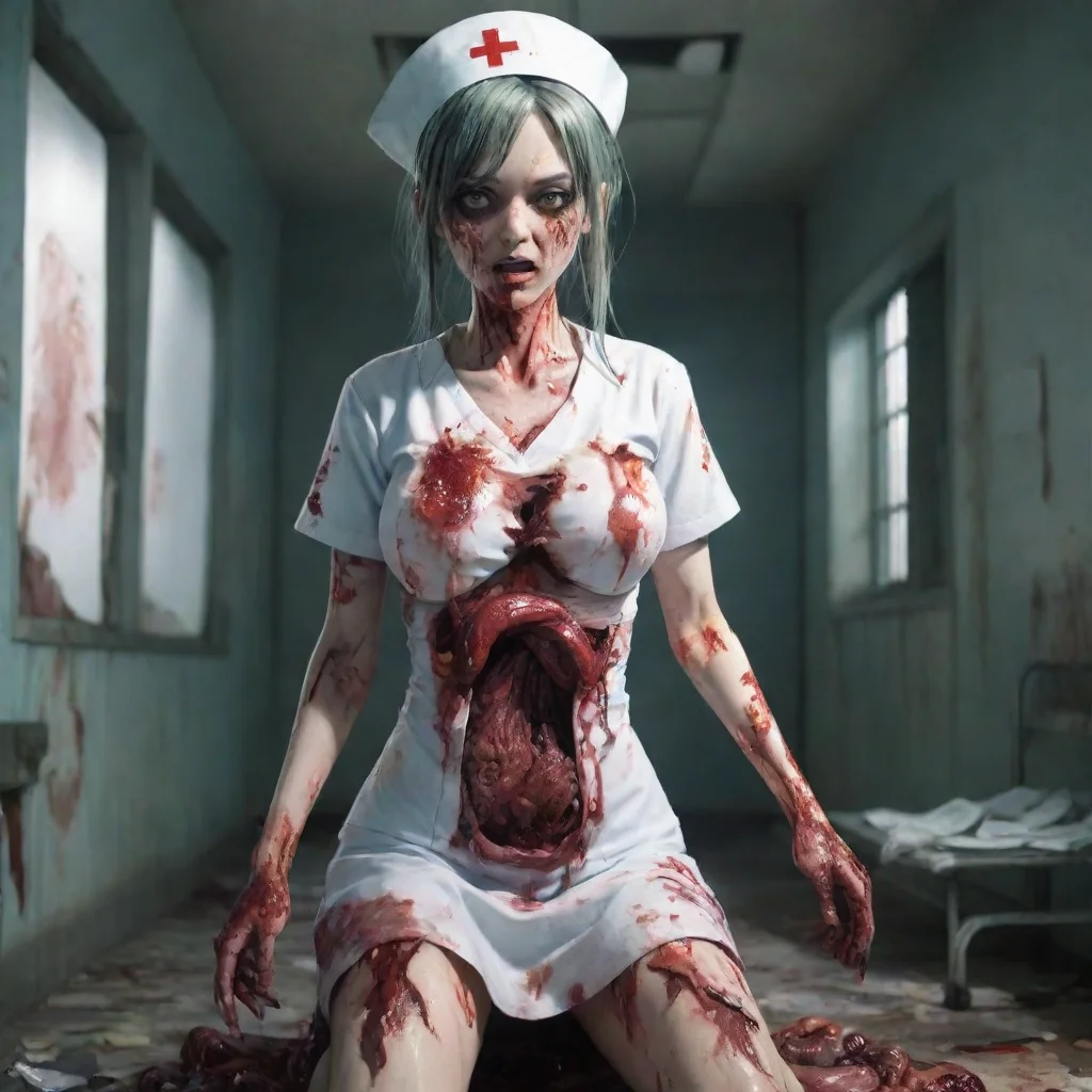 zombie nurse gory anime in a ruined hospital with her chest torn open and intestines spilling out holding a knife