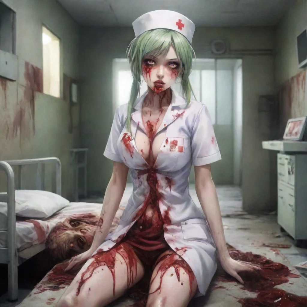 zombie nurse gory anime in a ruined hospital