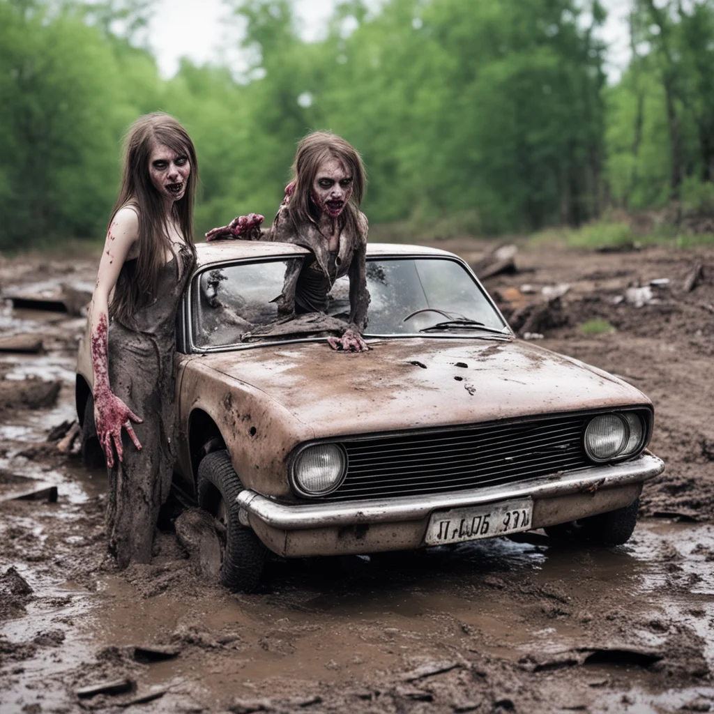 aizombiegirl with her crashed car stuck in the mud