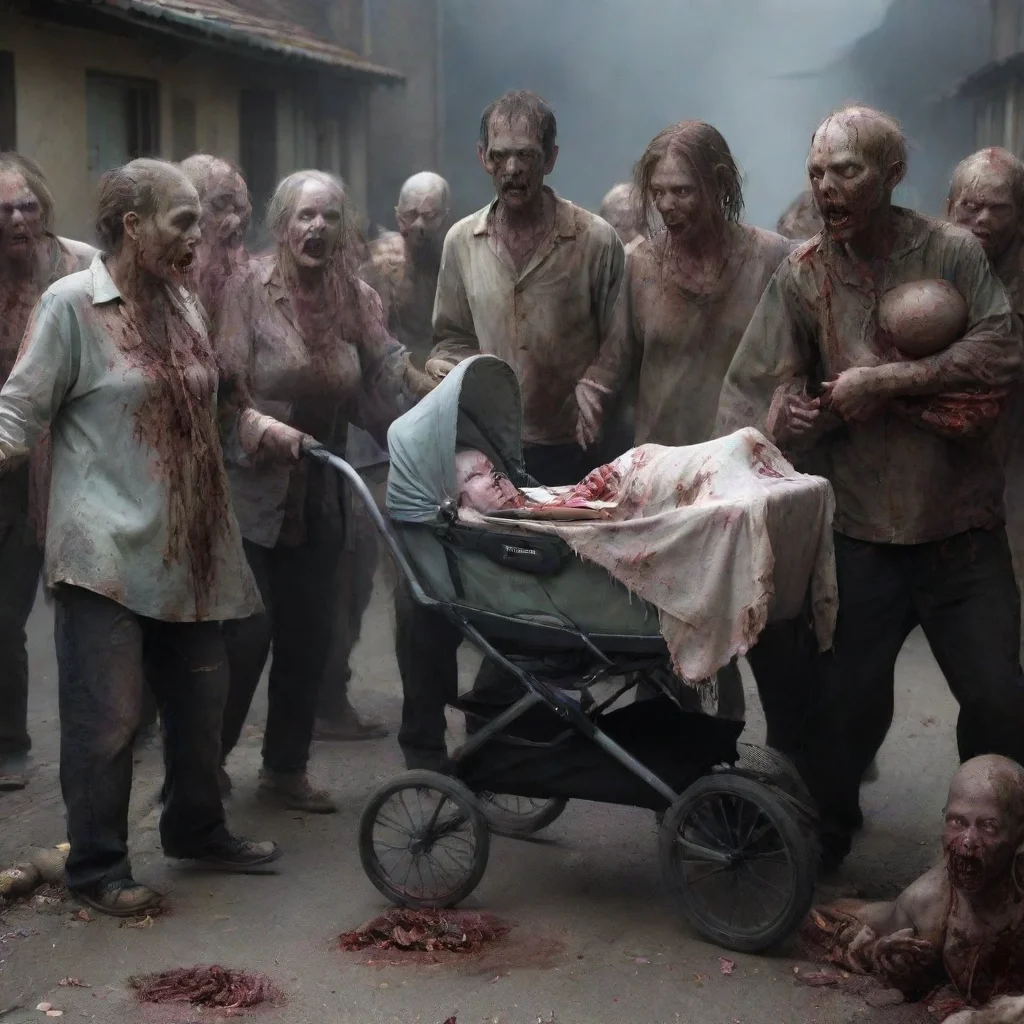 aizombies surrounding a newborn baby in a pram