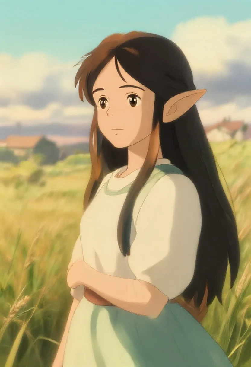 Aesthetic elf woman in ghibli-esque pastoral warmth style