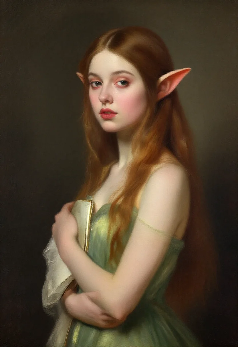 Aesthetic elf woman in classical oil painting style
