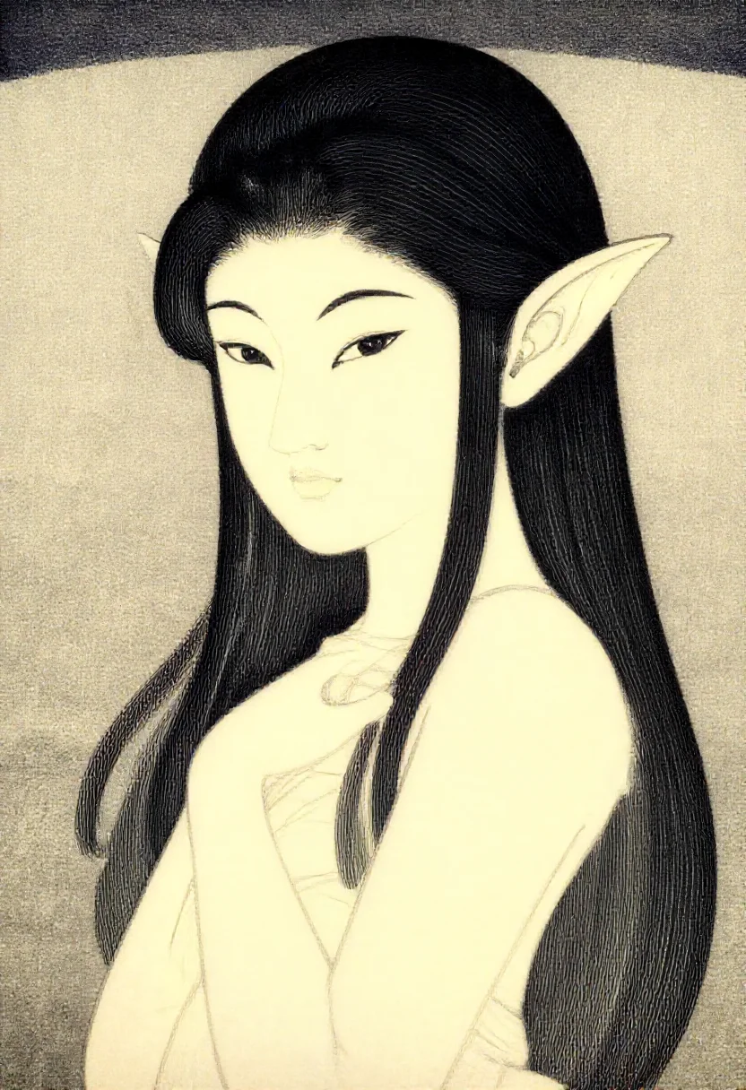 Aesthetic elf woman in japanese woodblock print outlines style