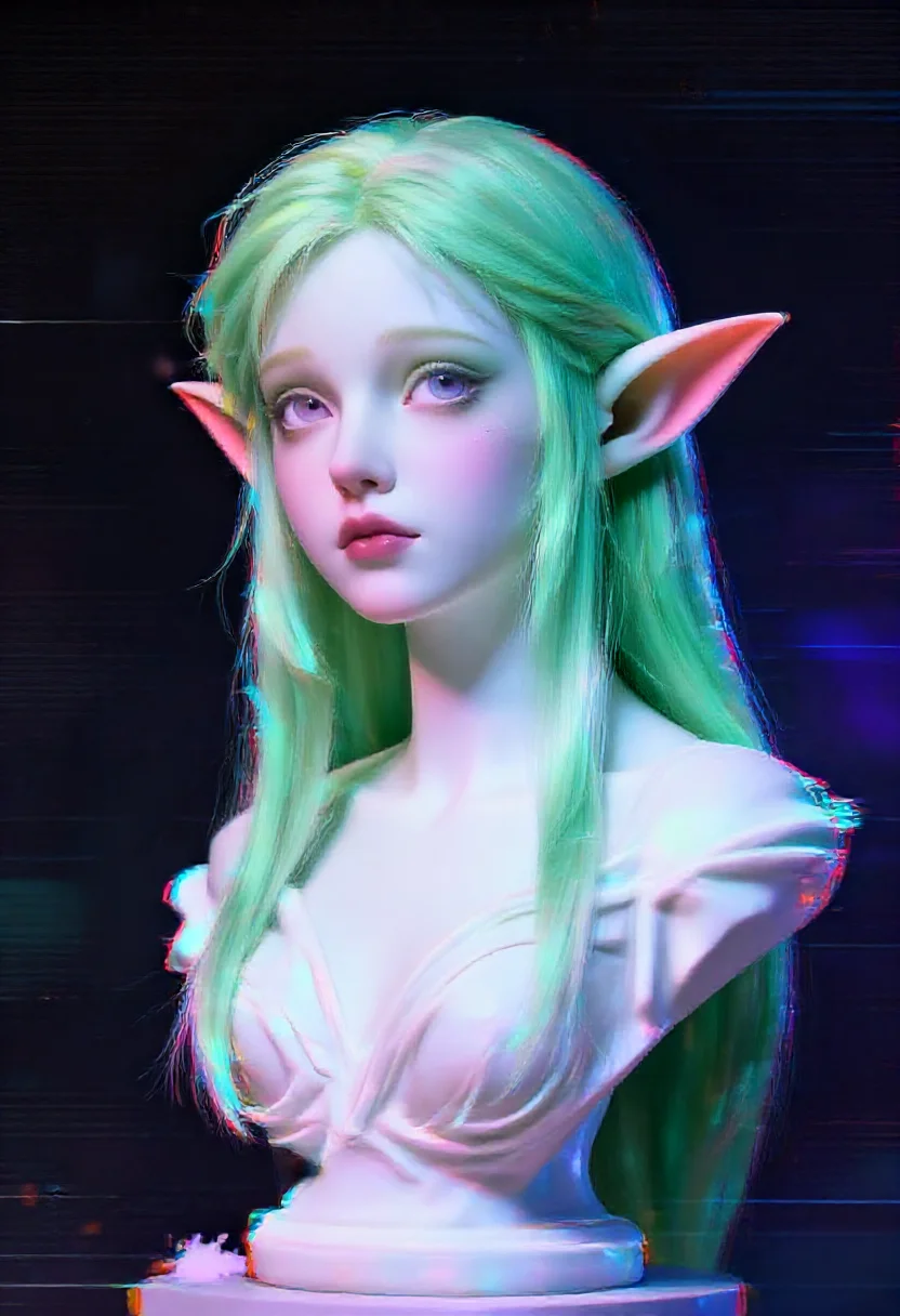 Aesthetic elf woman in vaporwave statue bust glitch style