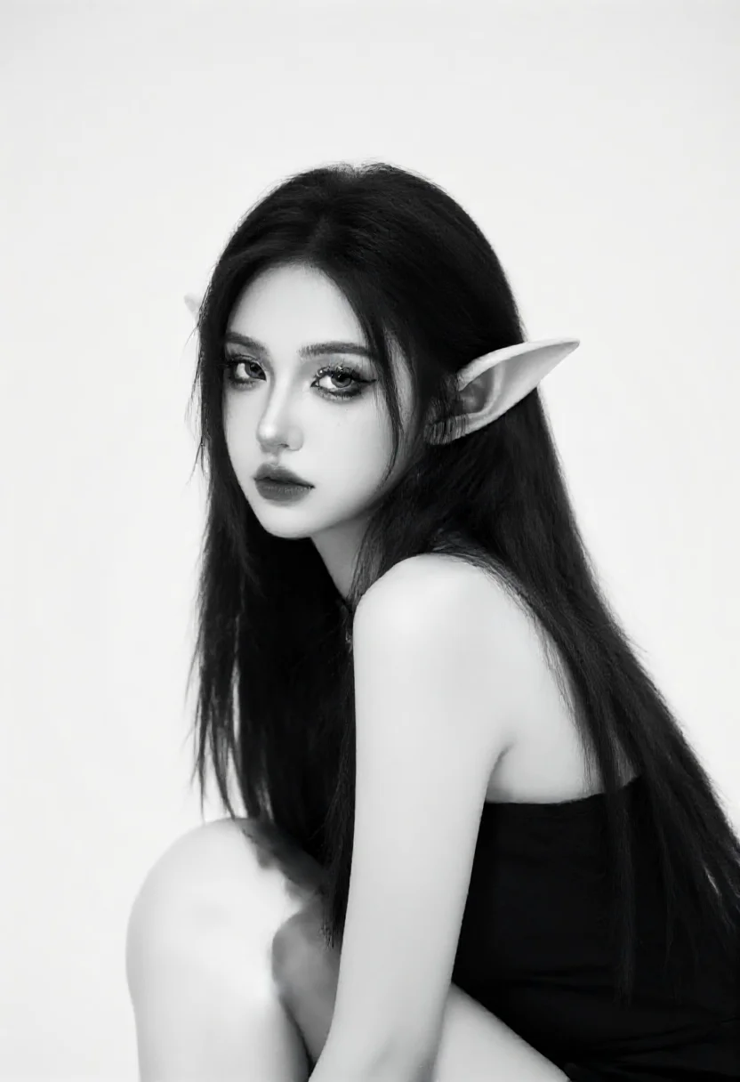 Aesthetic elf woman in monochrome black and white style