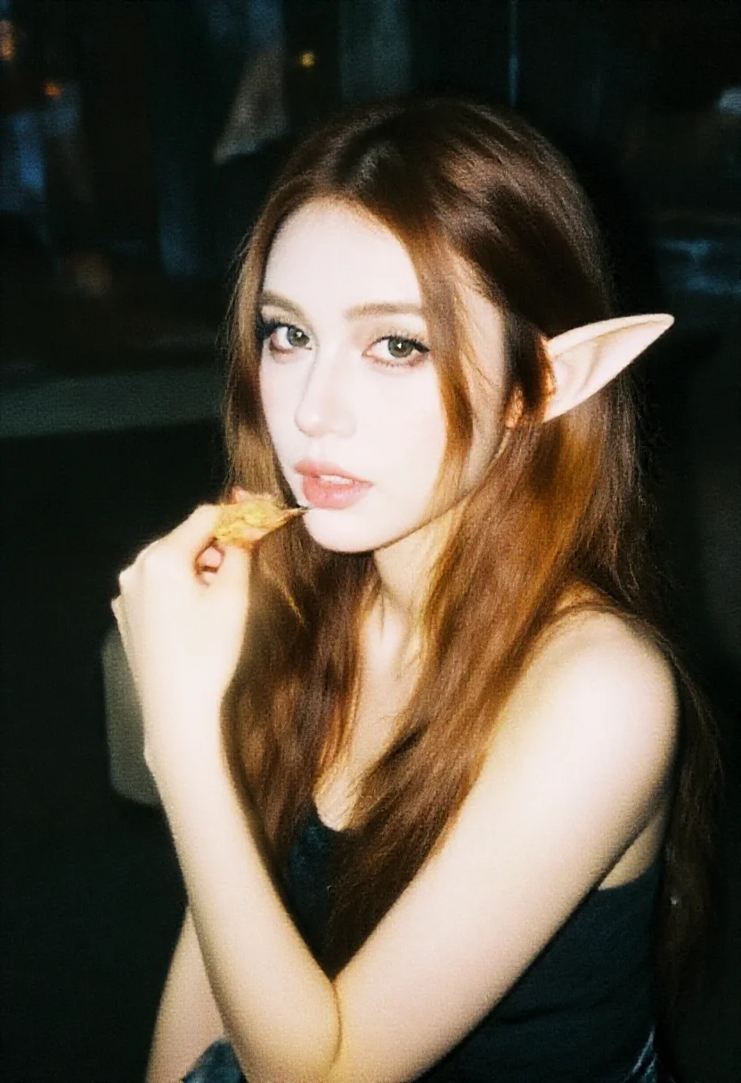 Aesthetic elf woman in 35mm film grain candid style
