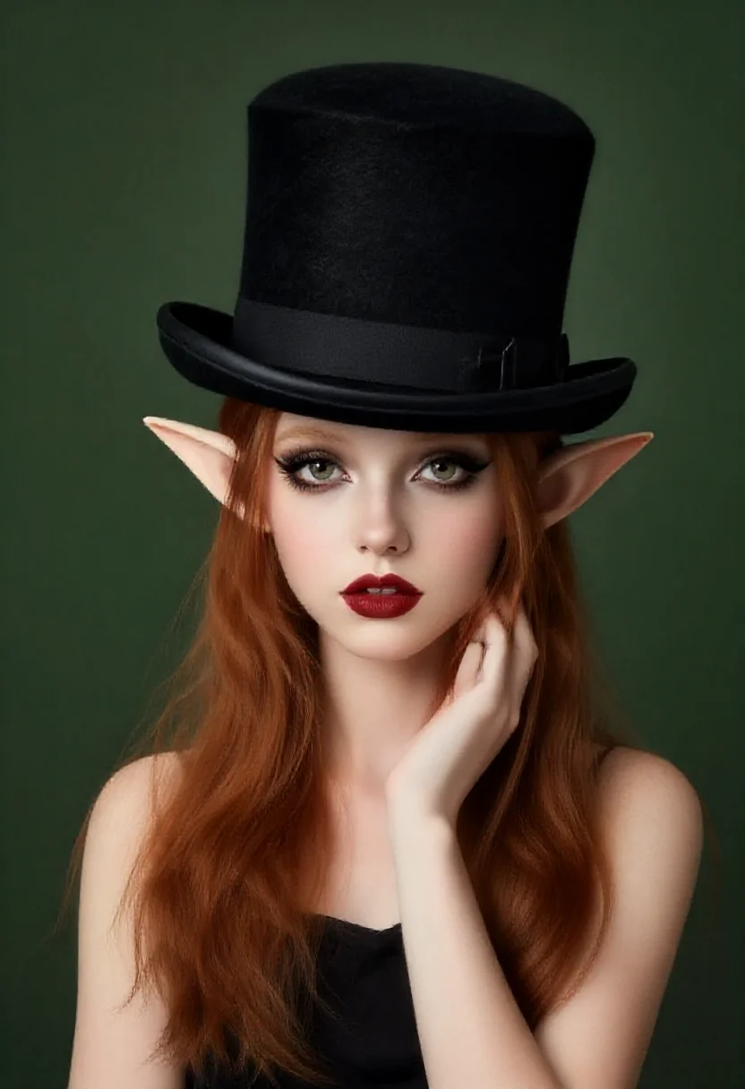 Aesthetic elf woman in magritte bowler-hat paradox style