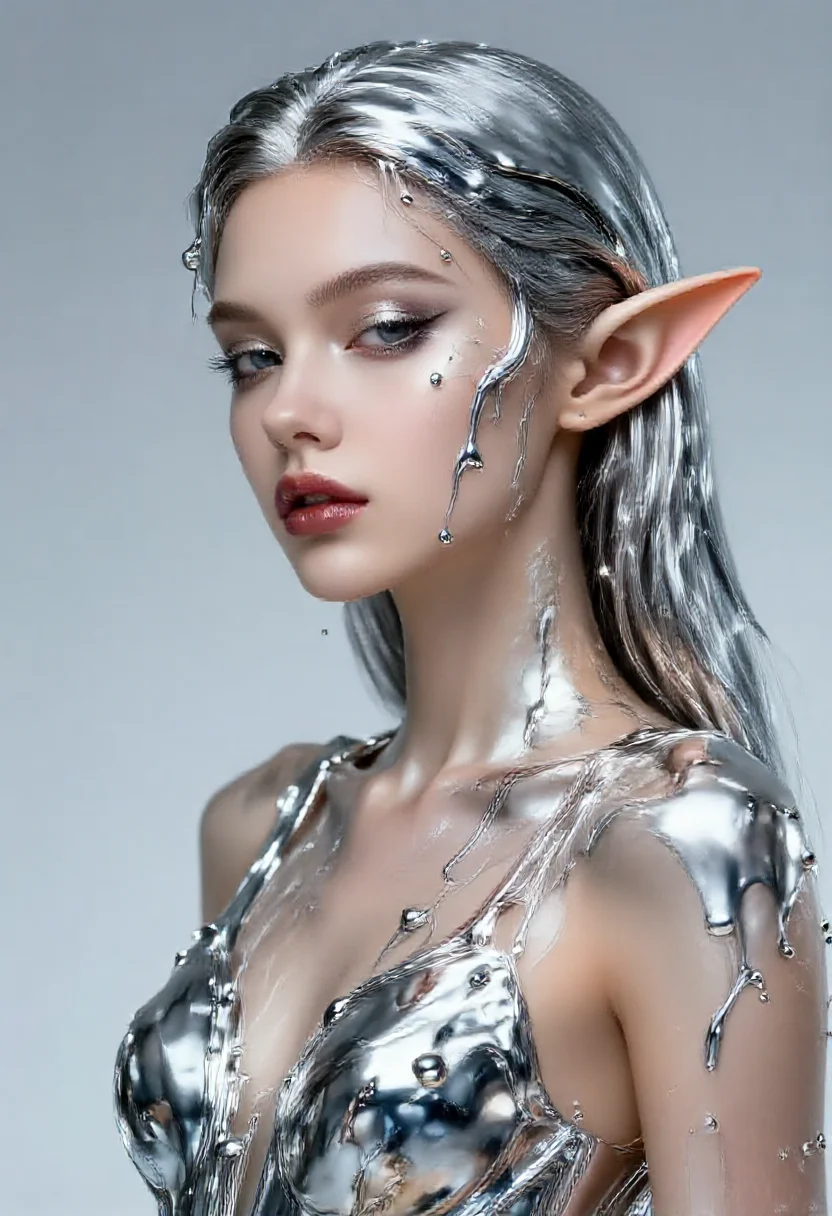 Aesthetic elf woman in liquid chrome mercury flow style