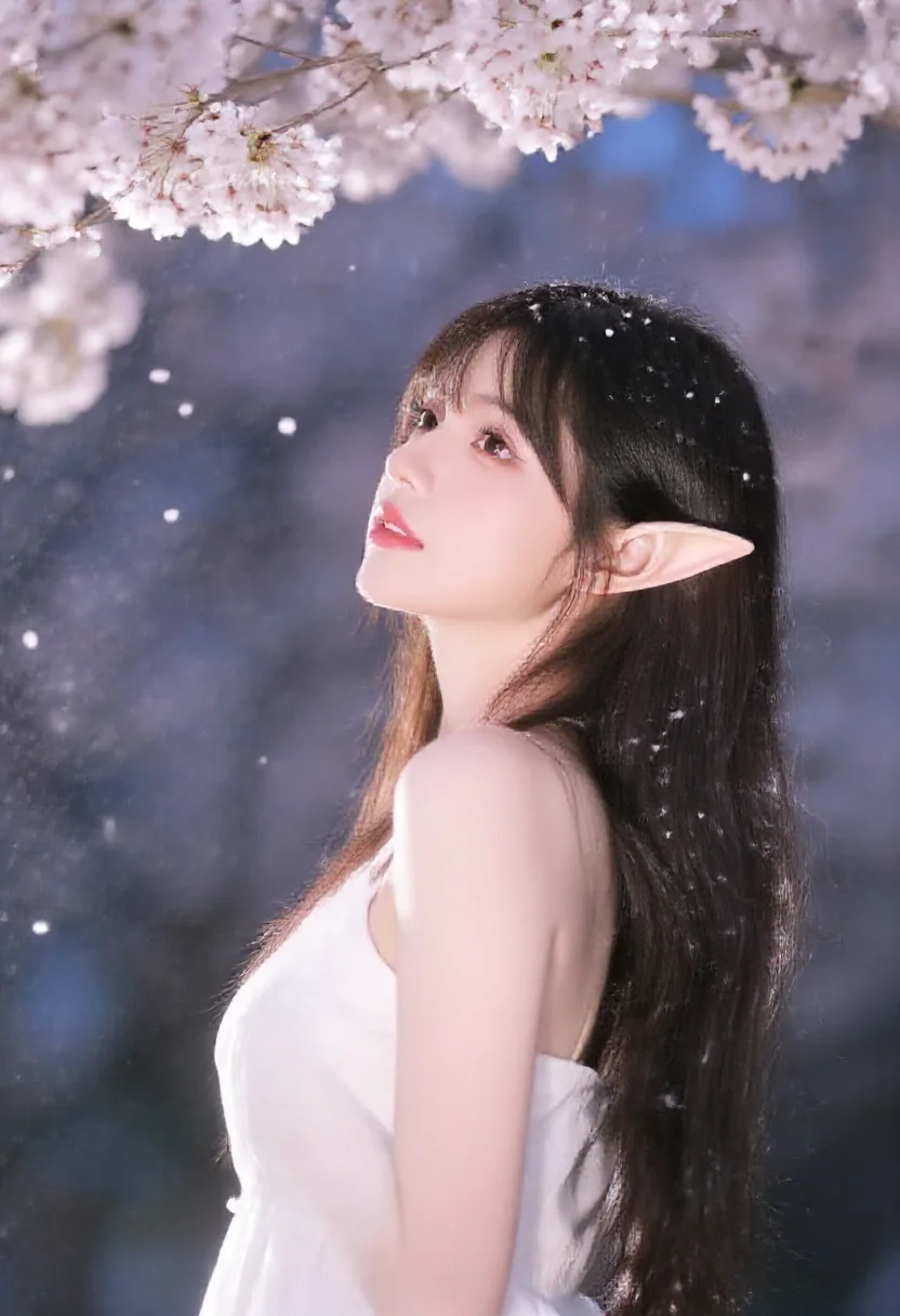 Aesthetic elf woman in cherry blossom petal blizzard spring style