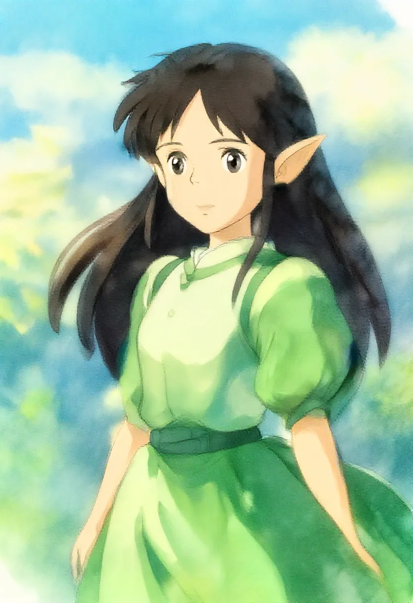 Aesthetic elf woman in ghibli watercolor background style style