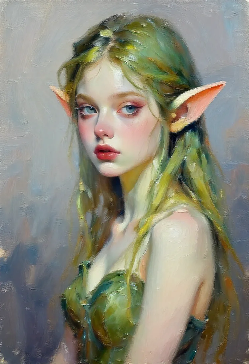 Aesthetic elf woman in oil impasto thick strokes style