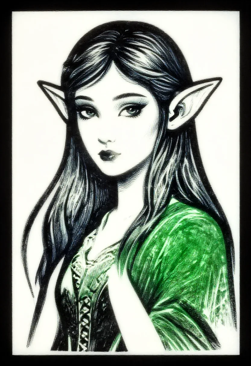 Aesthetic elf woman in linocut bold relief carving style