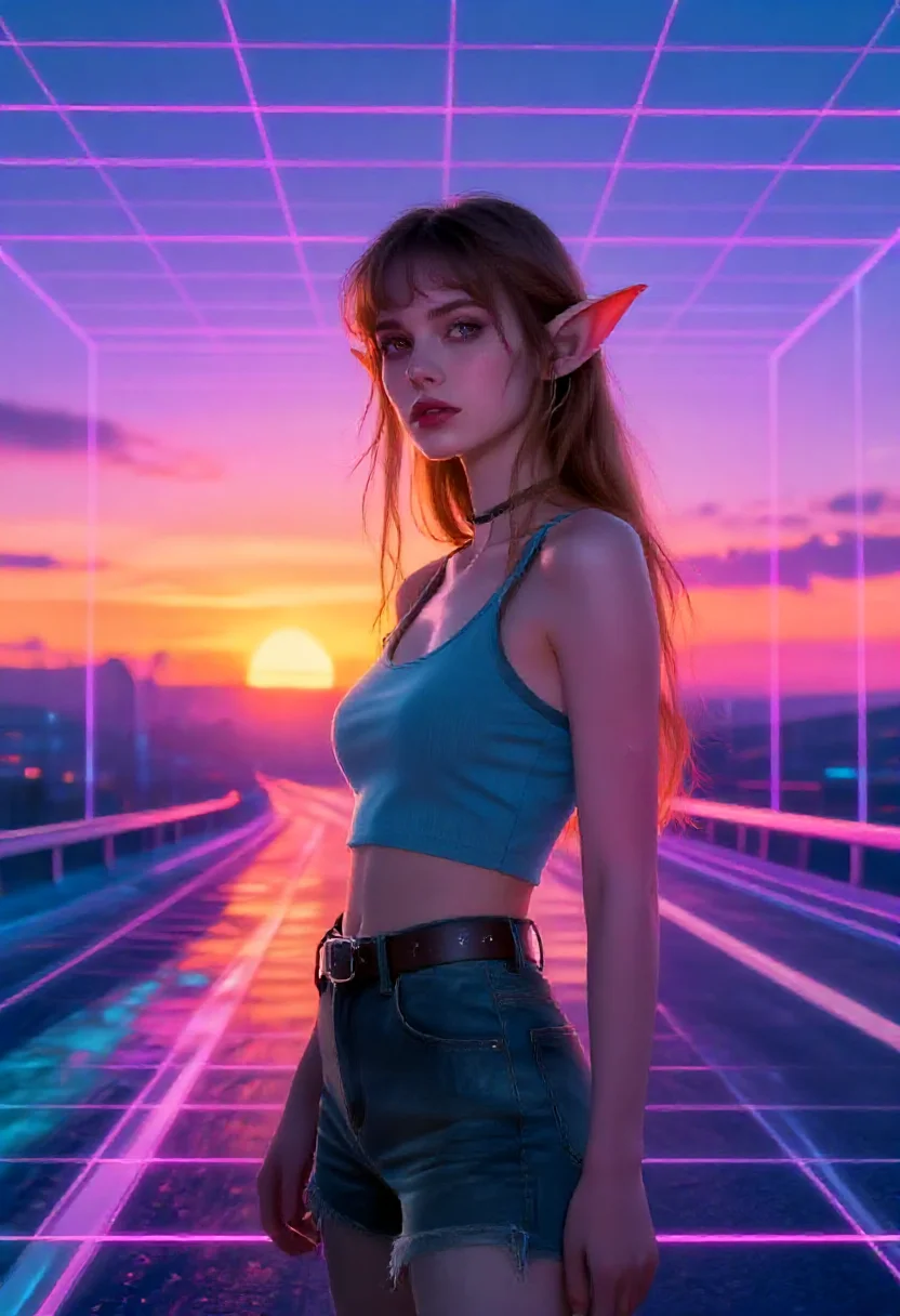 Aesthetic elf woman in synthwave sunset grid neon outrun style