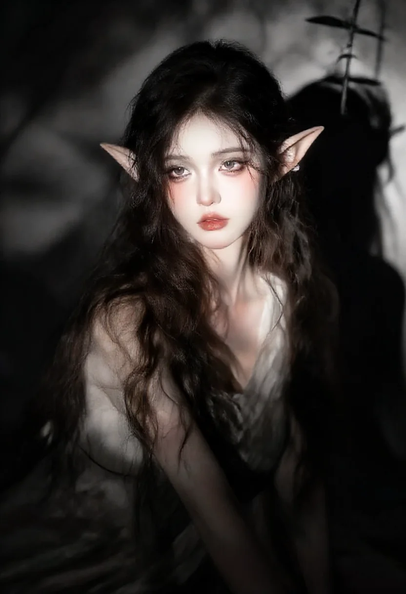 Aesthetic elf woman in high contrast noir shadows style
