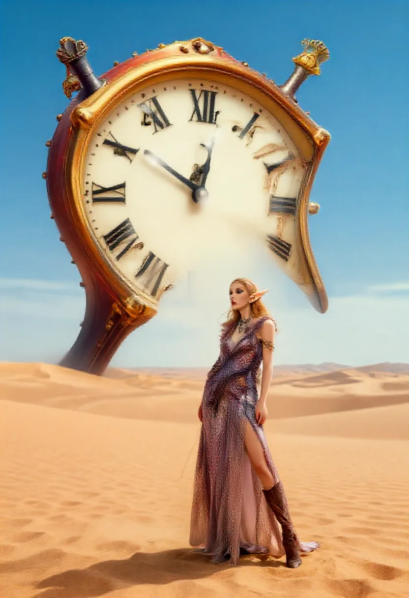 Aesthetic elf woman in dalí melting clock desert style