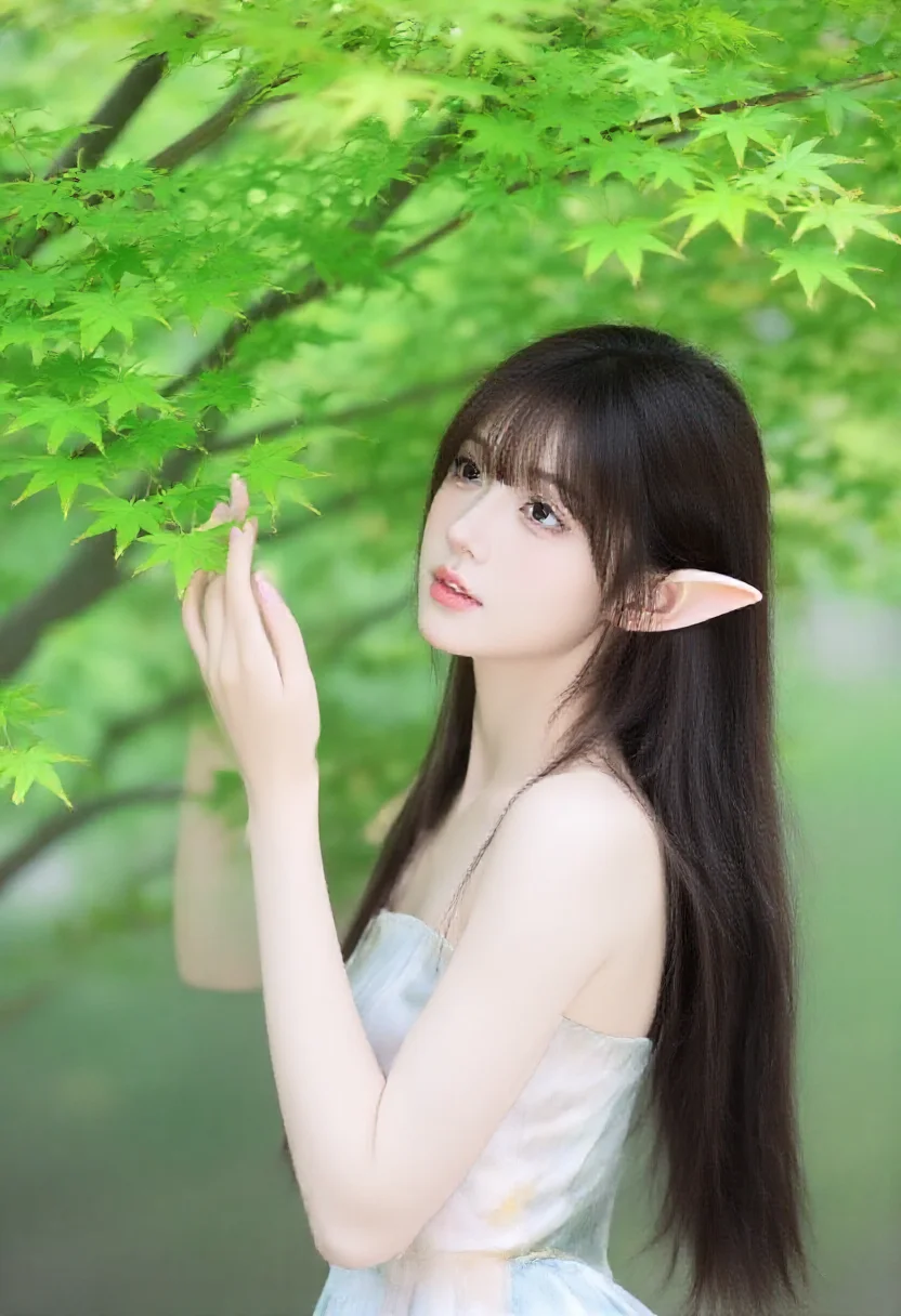 Aesthetic elf woman in fresh green maple momiji spring style