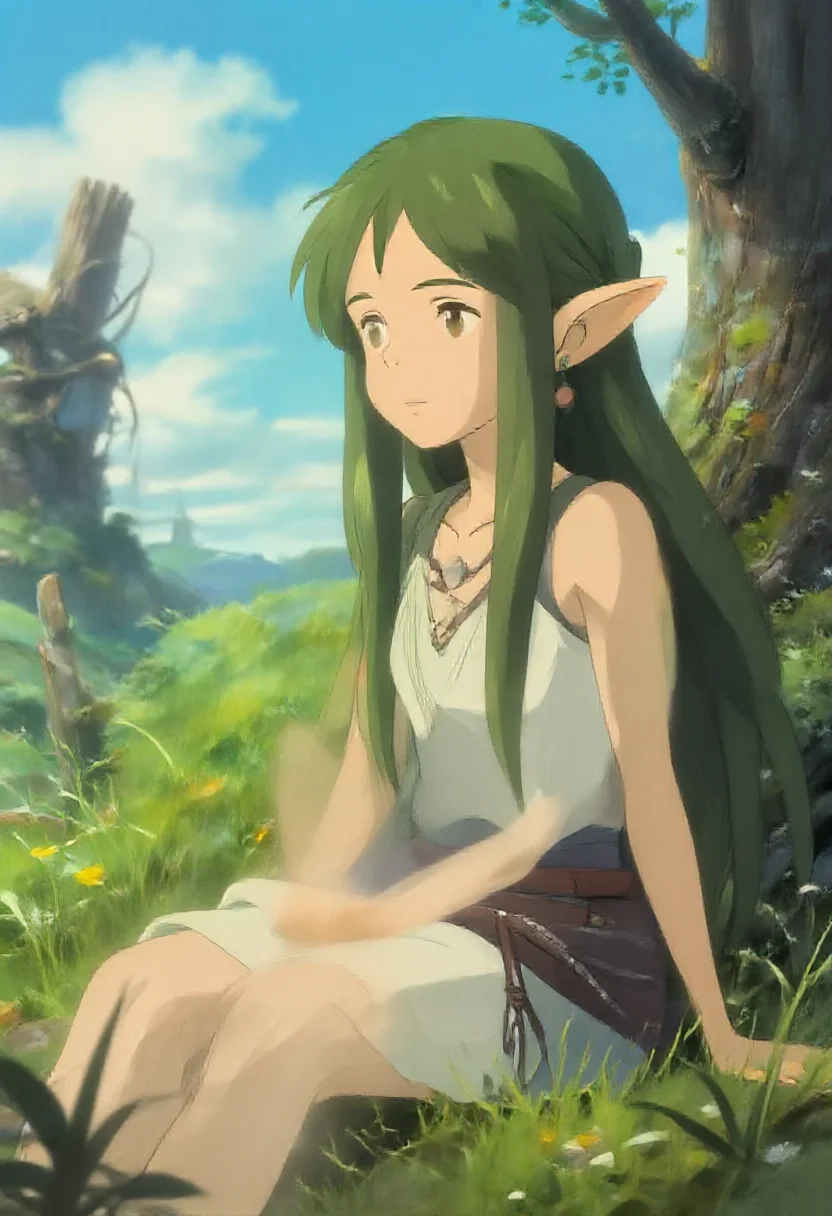 Aesthetic elf woman in post-apocalyptic ghibli serenity style