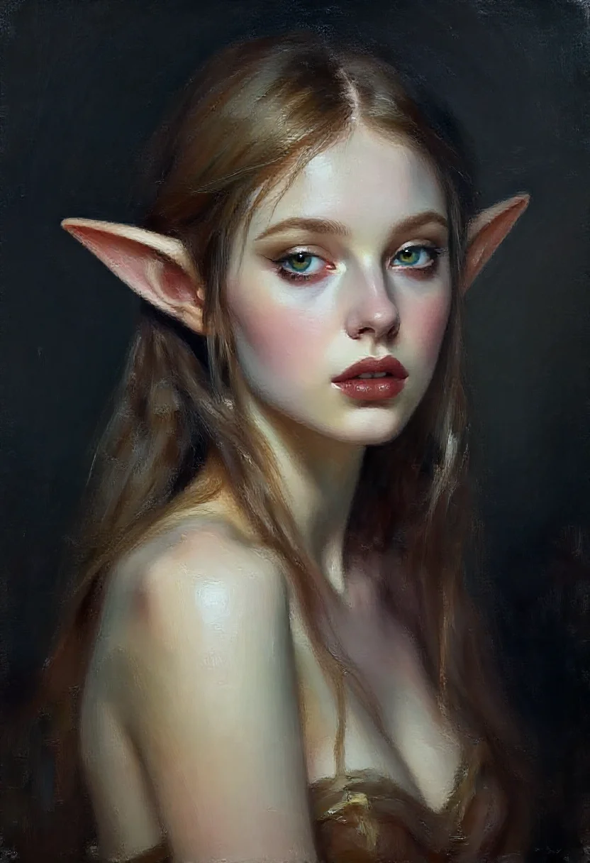 Aesthetic elf woman in oil glazing deep shadows style