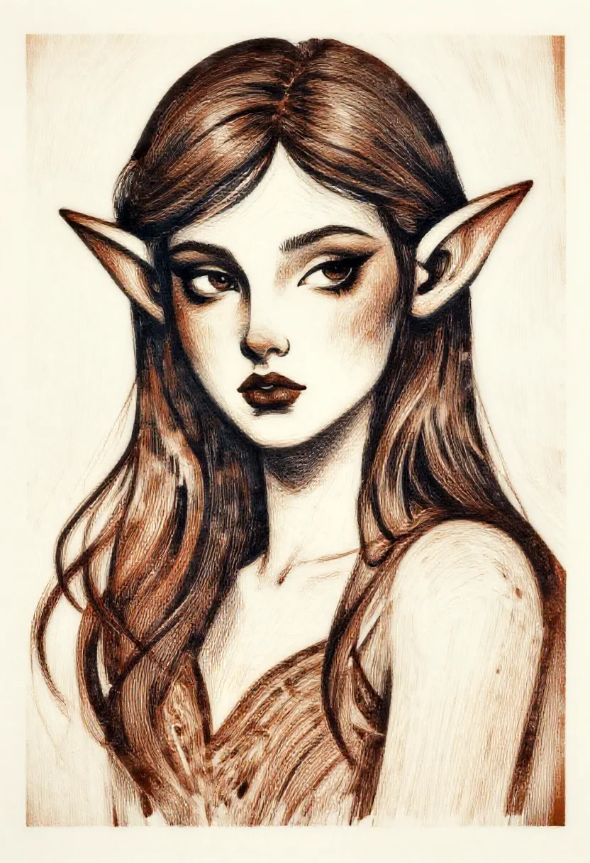 Aesthetic elf woman in woodcut expressionist gouge marks style