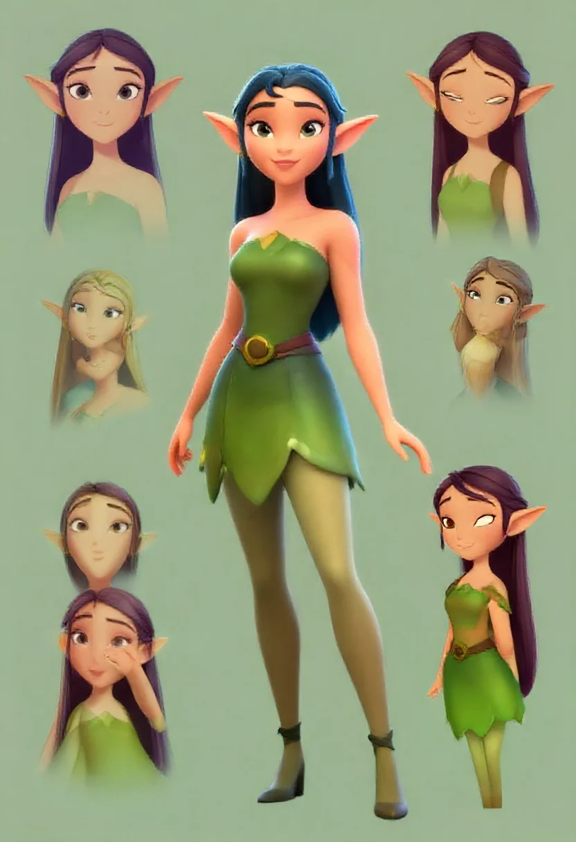 Aesthetic elf woman in disney animation model sheet 3d style