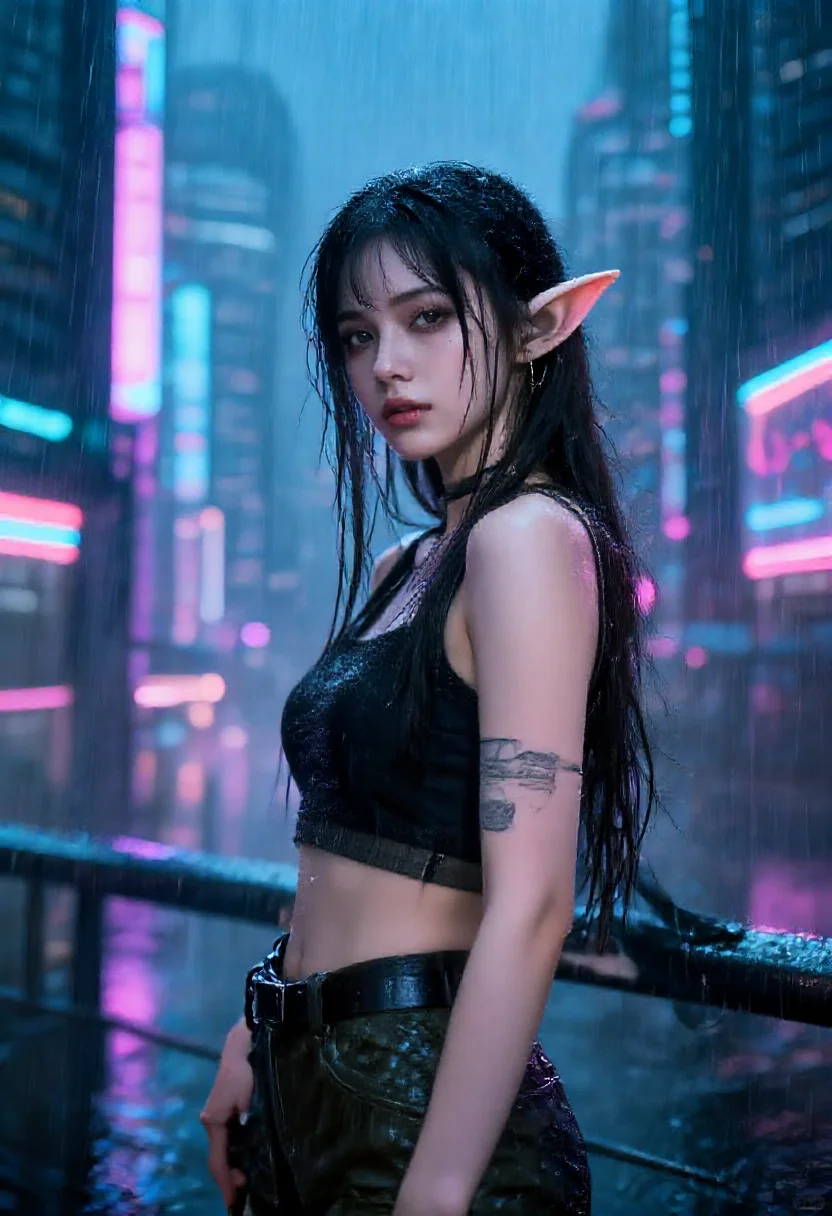 Aesthetic elf woman in cyberpunk neon rain megacity style