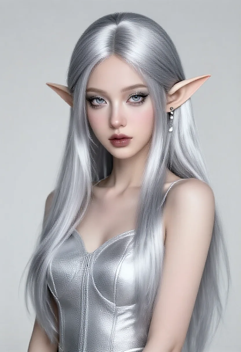 Aesthetic elf woman in greyscale silver tonal range style