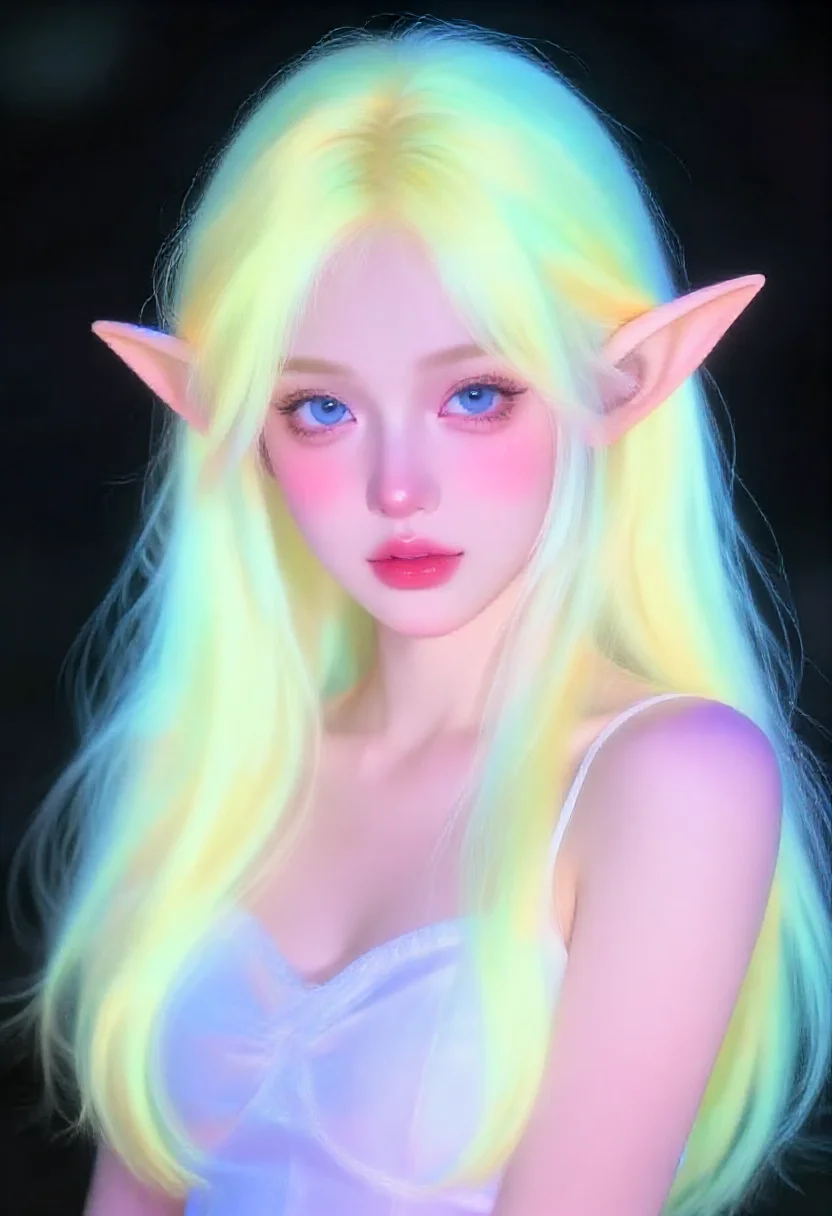 Aesthetic elf woman in k-webtoon pastel bl glow style