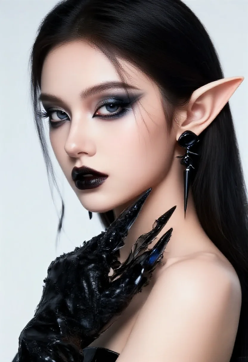 Aesthetic elf woman in obsidian black glass sharp style
