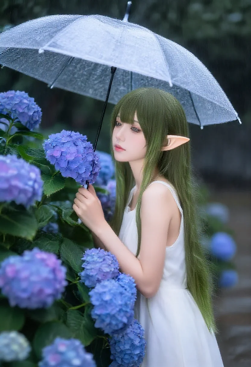 Aesthetic elf woman in tsuyu rainy season hydrangea style