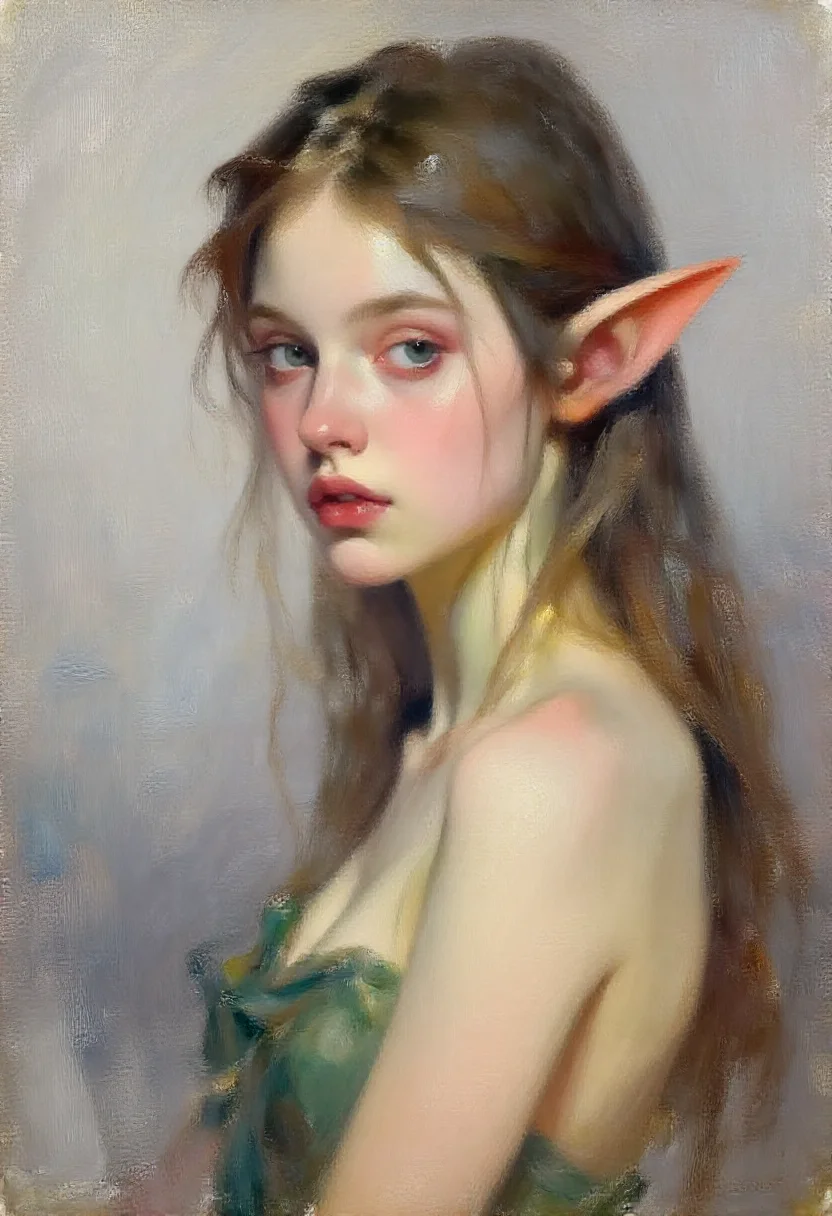 Aesthetic elf woman in alla prima wet-on-wet oil style