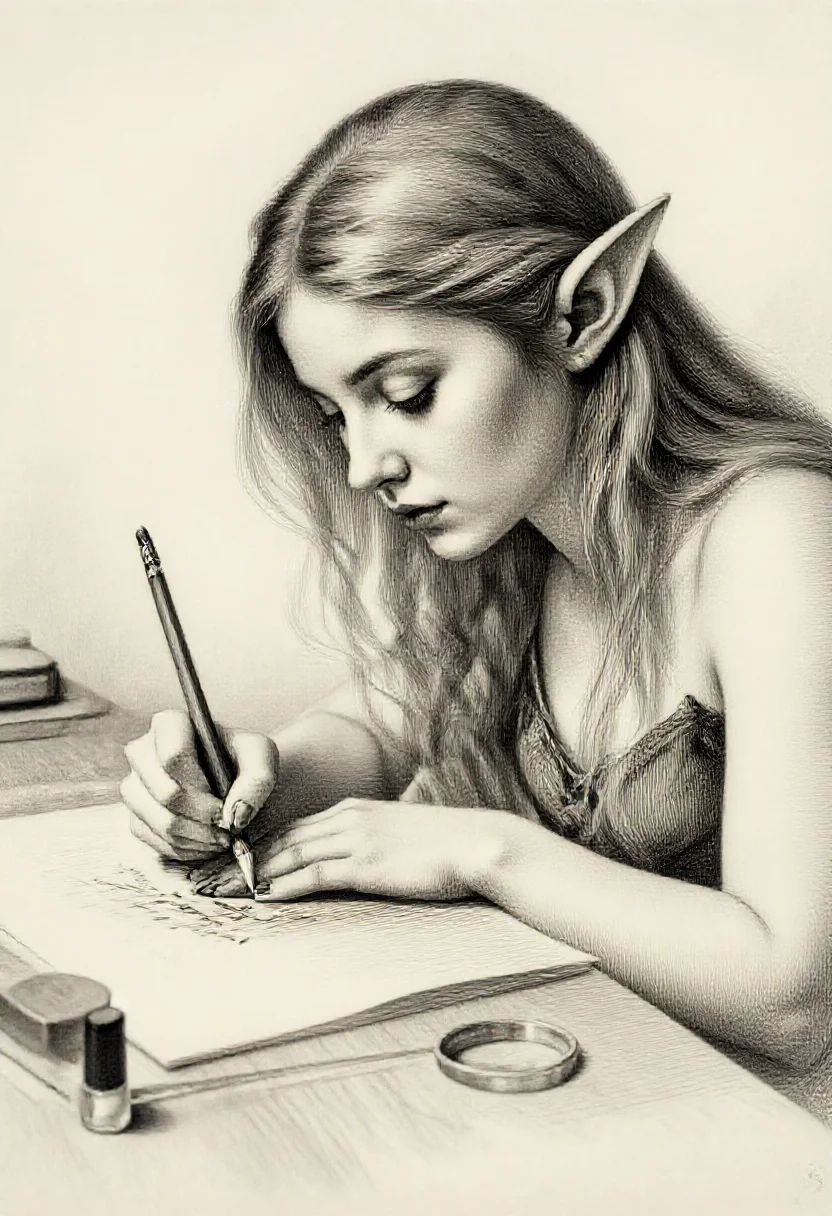Aesthetic elf woman in engraving intaglio fine burin style