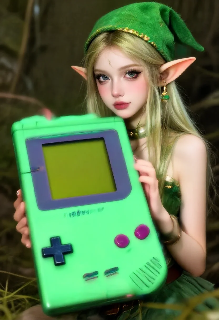 Aesthetic elf woman in gameboy 4-shade green lcd style