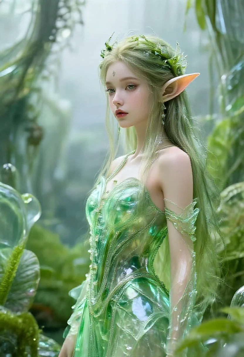 Aesthetic elf woman in solarpunk verdant glass future style