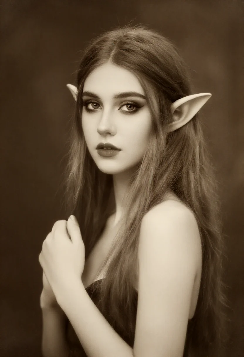Aesthetic elf woman in sepia toned vintage photograph style