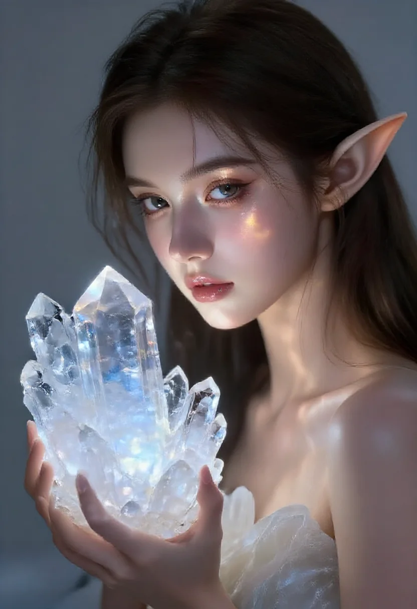 Aesthetic elf woman in crystal quartz cluster refraction style