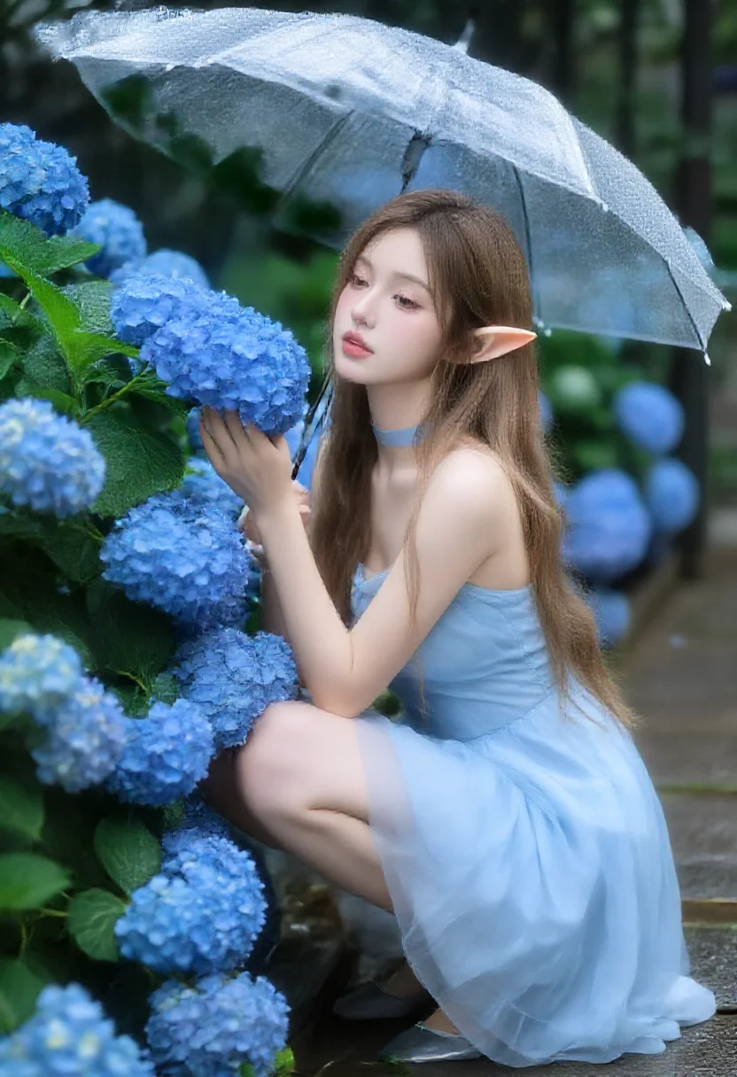 Aesthetic elf woman in hydrangea alley drizzle blue style