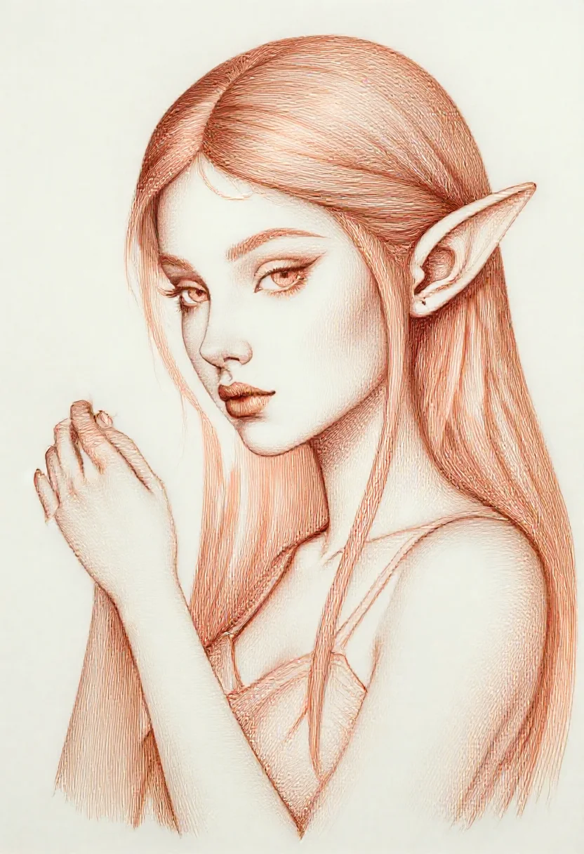 Aesthetic elf woman in etching copperplate fine lines style
