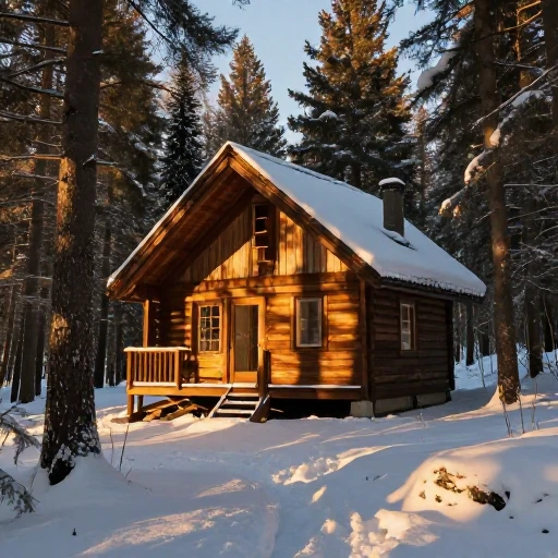 a cozy cabin in snowy pines, golden hour